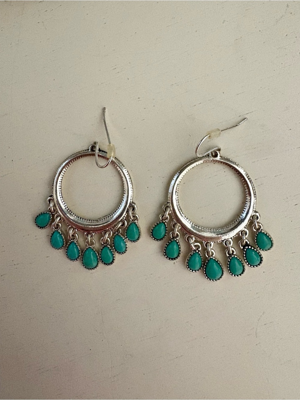 Vintage Turquoise Teardrop Sterling Silver Hoop Dangle Earrings
